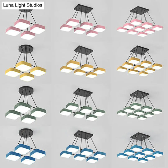 Acrylic Macaron Style Pendant Light For Kindergartens: Square Shade Chandelier