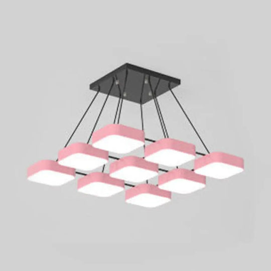 Acrylic Macaron Style Pendant Light For Kindergartens: Square Shade Chandelier 9 / Pink