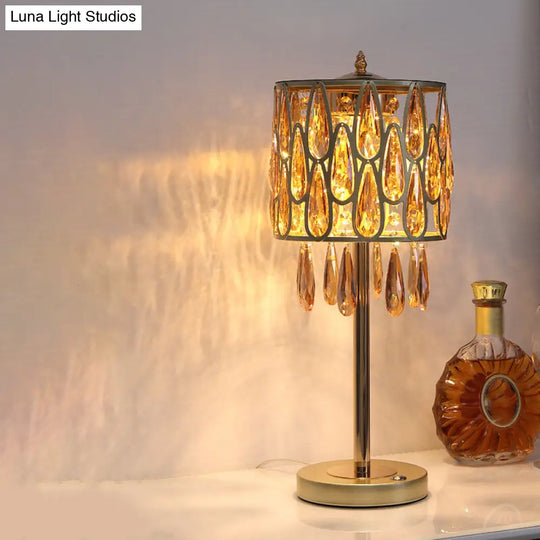 Contemporary Metal Nightstand Lamp With Crystal Raindrop Encrusted Drum Shade Gold