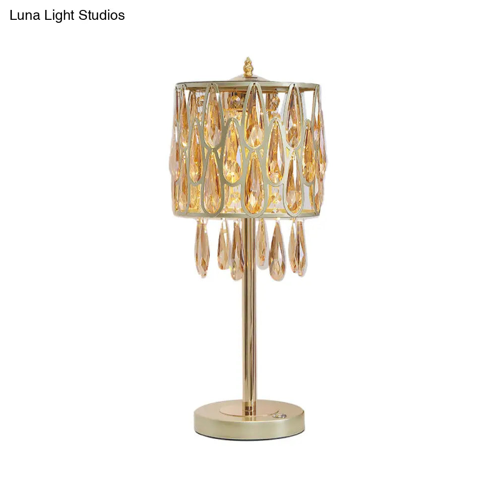 Contemporary Metal Nightstand Lamp With Crystal Raindrop Encrusted Drum Shade