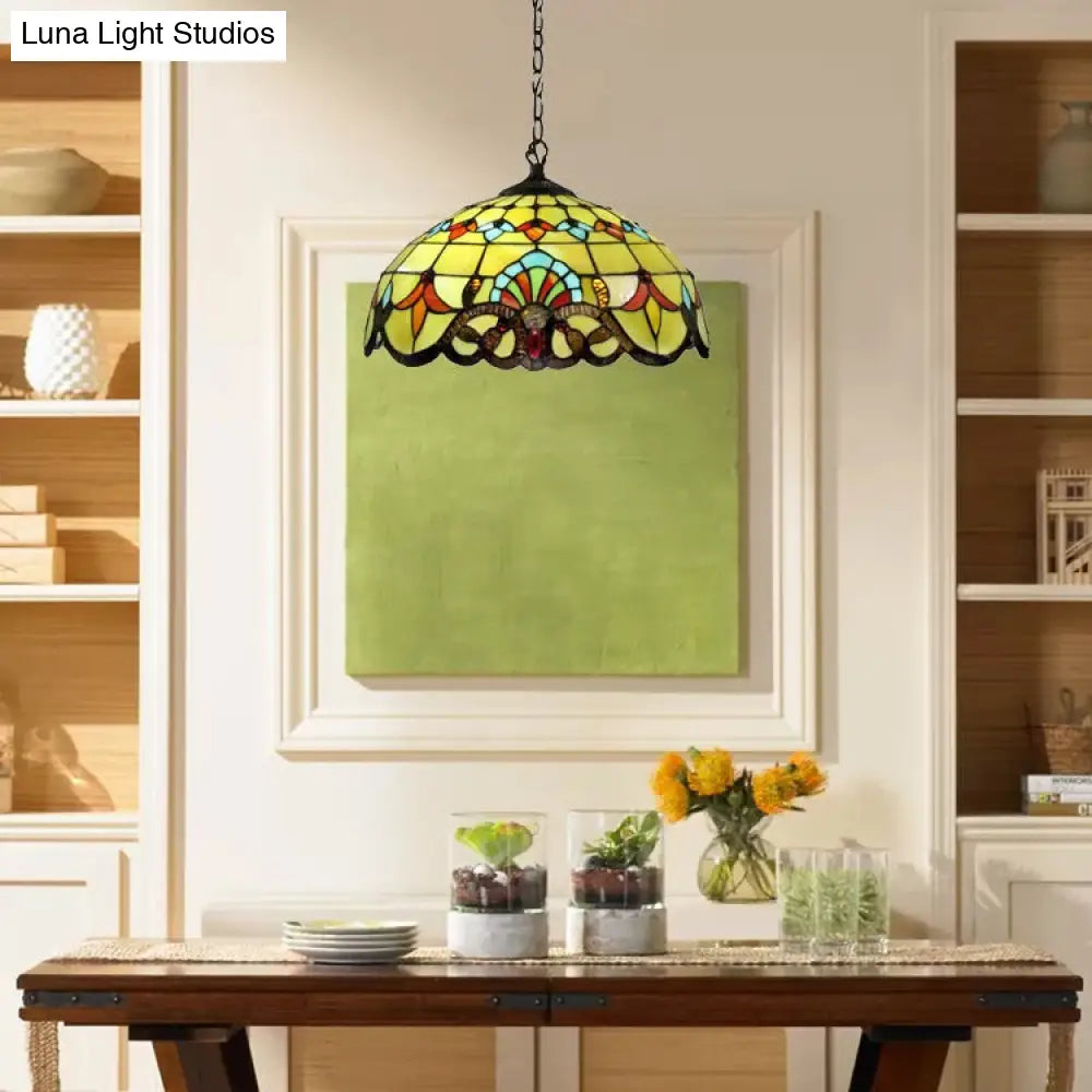 Victorian Style Adjustable 2-Light Hanging Lamp With Art Glass Shade - 16 W Living Room Décor Yellow
