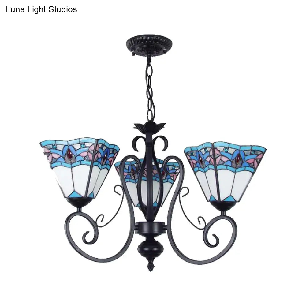 Adjustable 3-Light Blue Stained Glass Pendant Light With Metal Chain - Pyramid Hanging Lighting