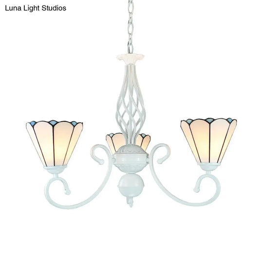 Adjustable 3-Light White Glass Cone Chandelier For Foyer With Curved Arm