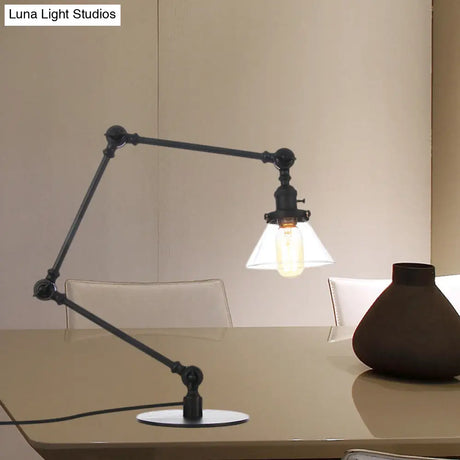 Adjustable Arm Industrial Table Lamp With Clear Glass Shade - Black/Brass Finish