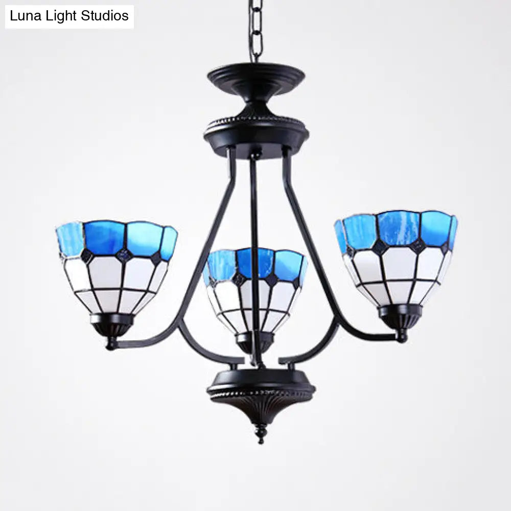 Adjustable Blue Glass Baroque Chandelier With Metal Chain And 3 Hanging Lights
