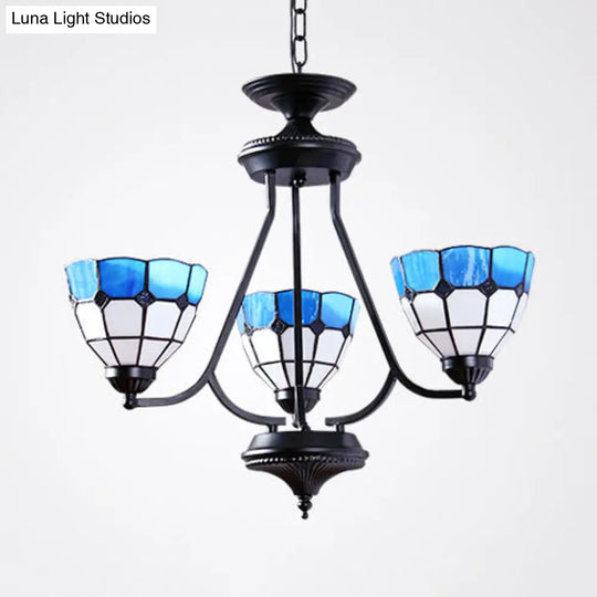 Adjustable Blue Glass Baroque Chandelier With Metal Chain And 3 Hanging Lights