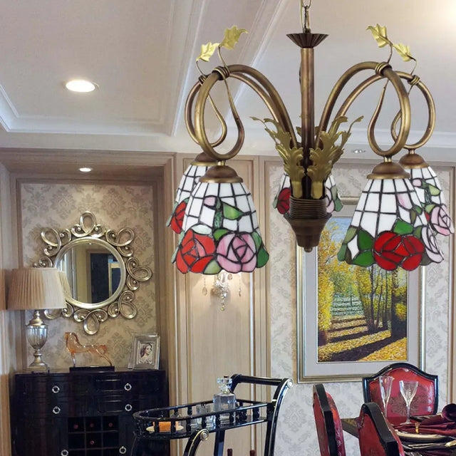 Adjustable Chain Rustic Chandelier - Rose Hanging Light 5 Lights Stained Glass Red