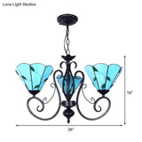 Adjustable Chain Vintage Glass Pendant Light - Leaf Ceiling Chandelier With 3 Lights In Blue/Clear