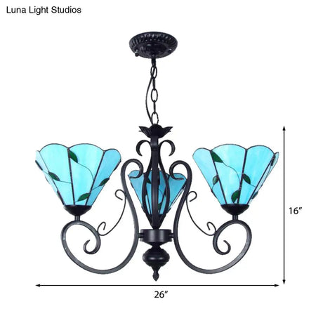 Adjustable Chain Vintage Glass Pendant Light - Leaf Ceiling Chandelier With 3 Lights In Blue/Clear