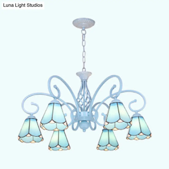 Adjustable Chain Chandelier: 6-Light Conical Ceiling Pendant Lamp In Blue/White Traditional Glass