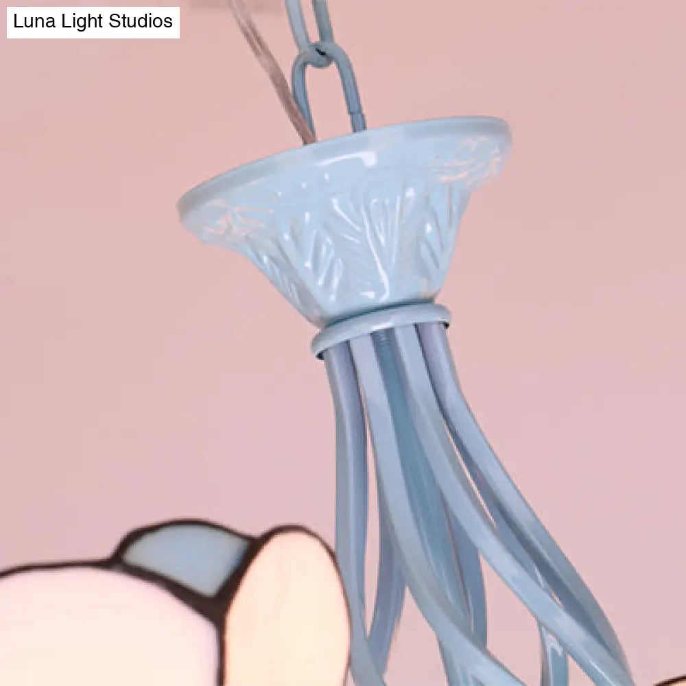 Adjustable Conical Chandelier With 6 Traditional Glass Pendant Lights In Blue/White