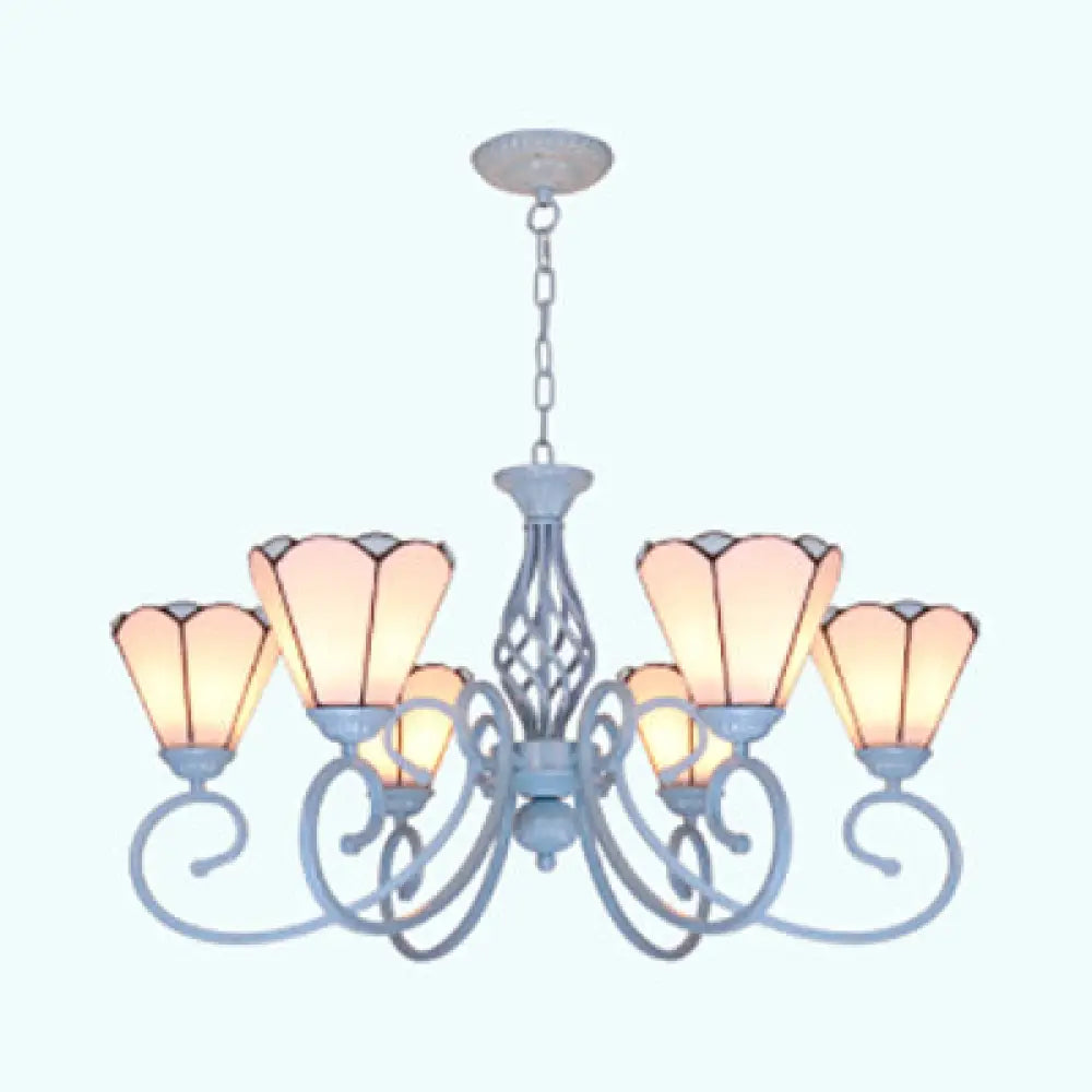Adjustable Conical Chandelier With 6 Traditional Glass Pendant Lights In Blue/White White