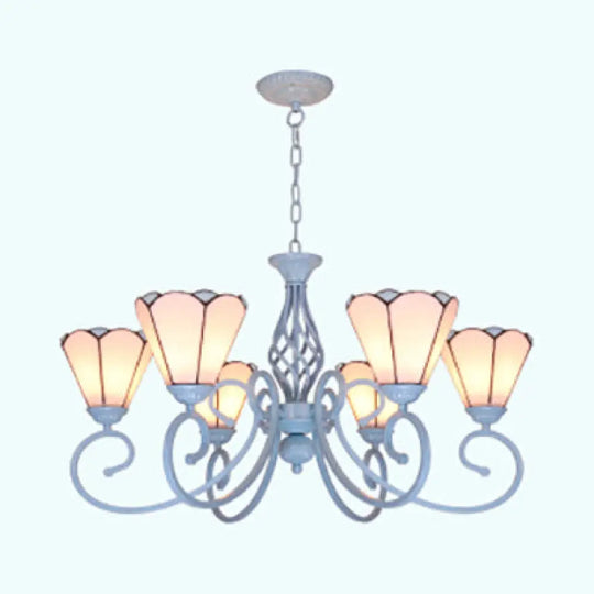 Adjustable Conical Chandelier With 6 Traditional Glass Pendant Lights In Blue/White White