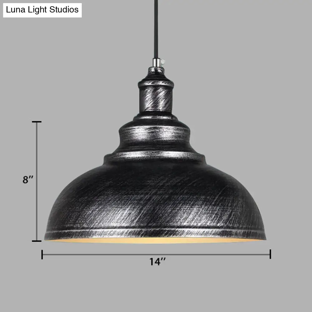 Adjustable Cord Pendant With Metal Dome Shade In Retro Black/Gray - 12’/14’/16’ W