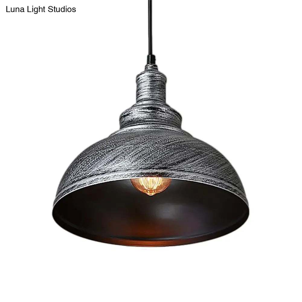 Adjustable Cord Pendant With Metal Dome Shade In Retro Black/Gray - 12’/14’/16’ W