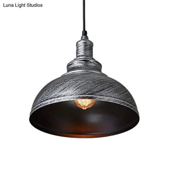 Adjustable Cord Pendant With Metal Dome Shade In Retro Black/Gray - 12’/14’/16’ W