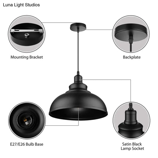 Adjustable Black/Gray Retro Metal Dome Pendant With Cord - 12/14/16 W