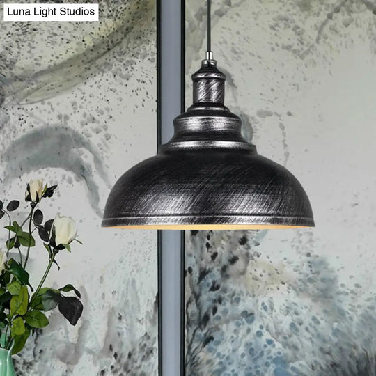Adjustable Cord Pendant With Metal Dome Shade In Retro Black/Gray - 12’/14’/16’ W