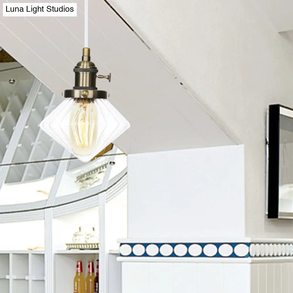 Adjustable Height Industrial Pendant Light With Diamond Glass Shade - Black/Bronze/Brass Finish