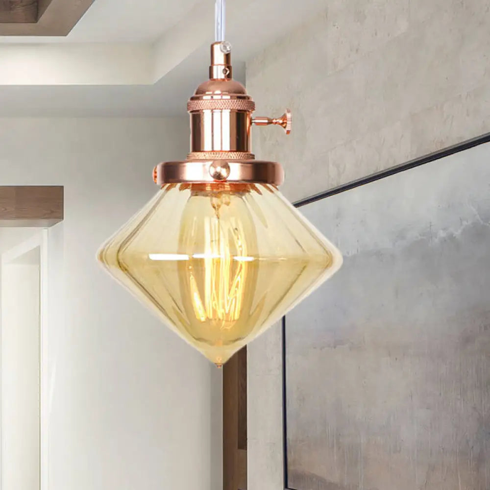 Adjustable Height Industrial Pendant Light With Diamond Glass Shade - Black/Bronze/Brass Finish