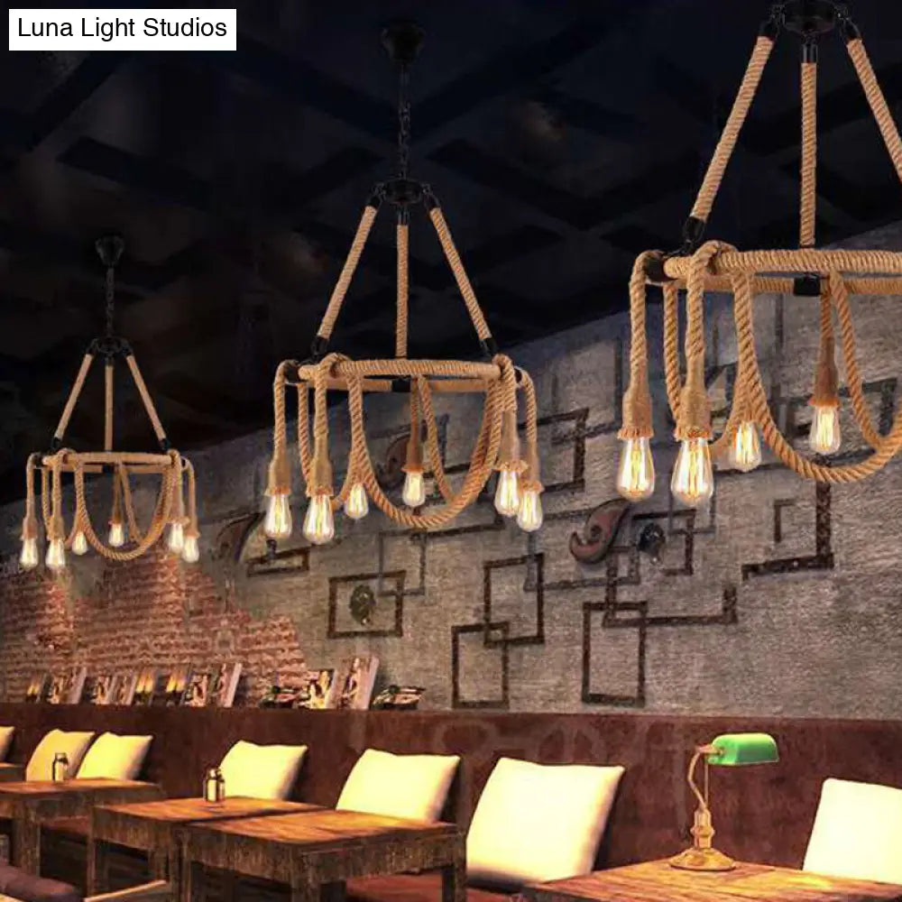 Adjustable 6-Light Industrial Rope Chandelier - Beige Ceiling Fixture