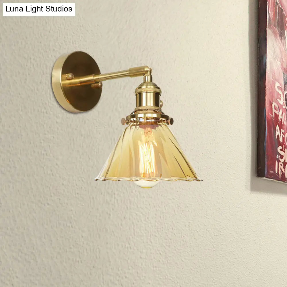 Adjustable Industrial Vintage Cone Wall Lamp With Amber Ruffle Glass - 1 Light Sconce