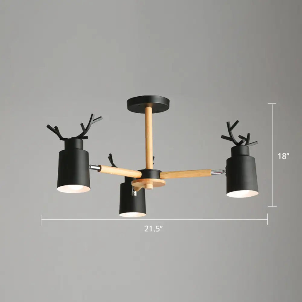 Adjustable Nordic Chandelier Light With Metal Antler Design Cylindrical Shade And Wooden Arm 3 /