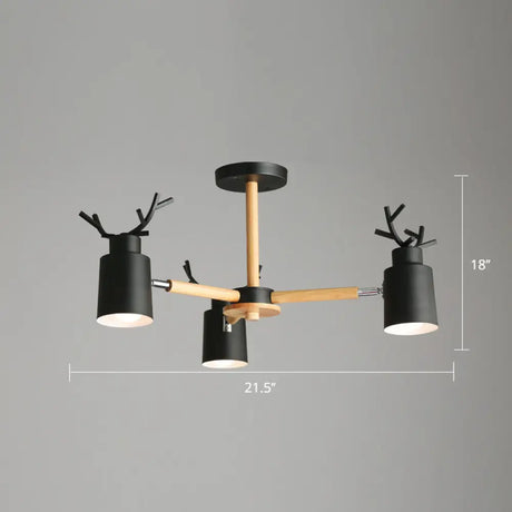 Adjustable Nordic Chandelier Light With Metal Antler Design Cylindrical Shade And Wooden Arm 3 /