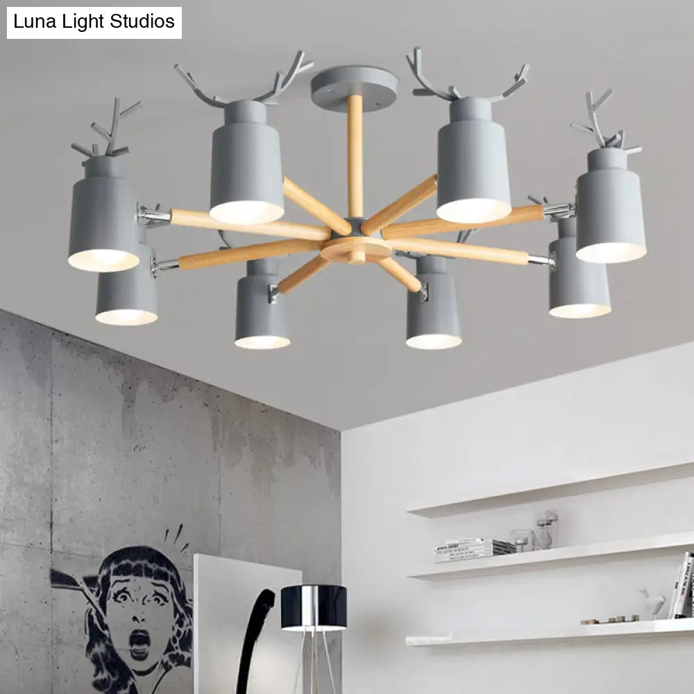 Adjustable Nordic Chandelier Light With Metal Antler Design Cylindrical Shade And Wooden Arm