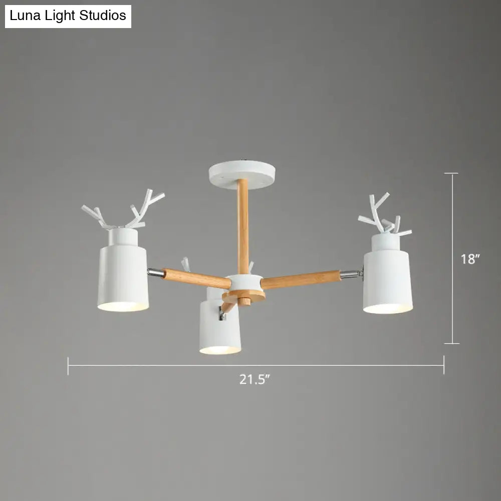 Adjustable Nordic Chandelier Light With Metal Antler Design Cylindrical Shade And Wooden Arm