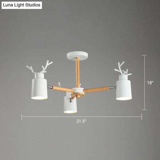 Adjustable Nordic Chandelier Light With Metal Antler Design Cylindrical Shade And Wooden Arm