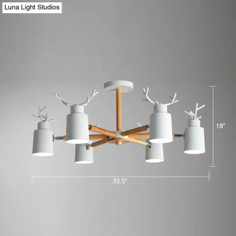 Adjustable Nordic Chandelier Light With Metal Antler Design Cylindrical Shade And Wooden Arm
