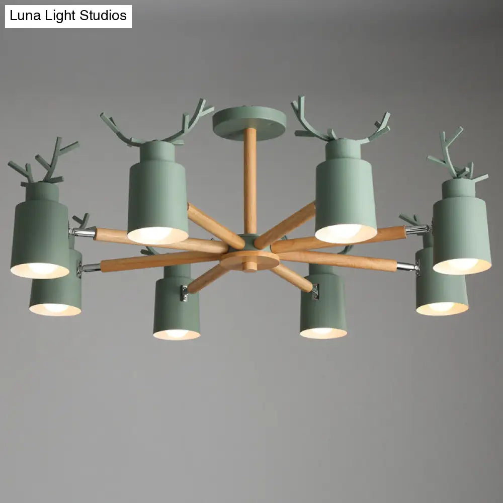 Adjustable Nordic Chandelier Light With Metal Antler Design Cylindrical Shade And Wooden Arm