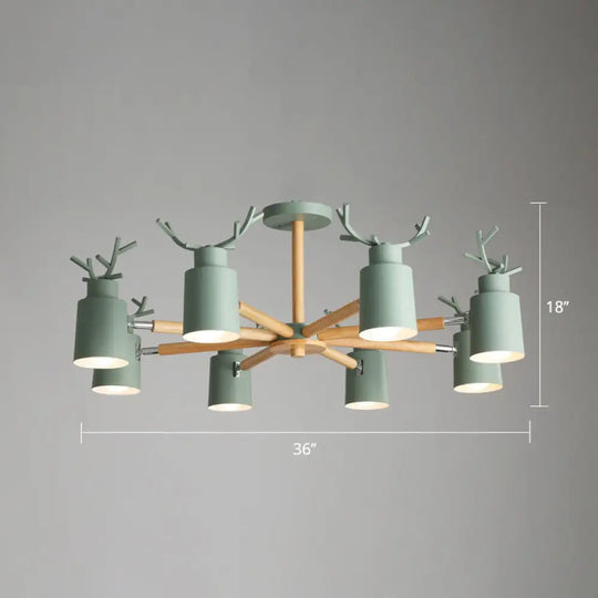 Adjustable Nordic Chandelier Light With Metal Antler Design Cylindrical Shade And Wooden Arm 8 /