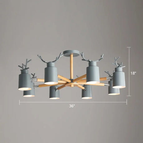 Adjustable Nordic Chandelier Light With Metal Antler Design Cylindrical Shade And Wooden Arm 8 /