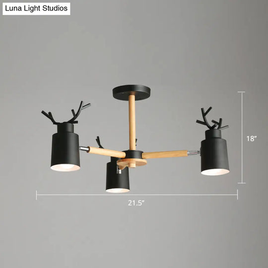 Adjustable Nordic Chandelier Light With Metal Antler Design Cylindrical Shade And Wooden Arm
