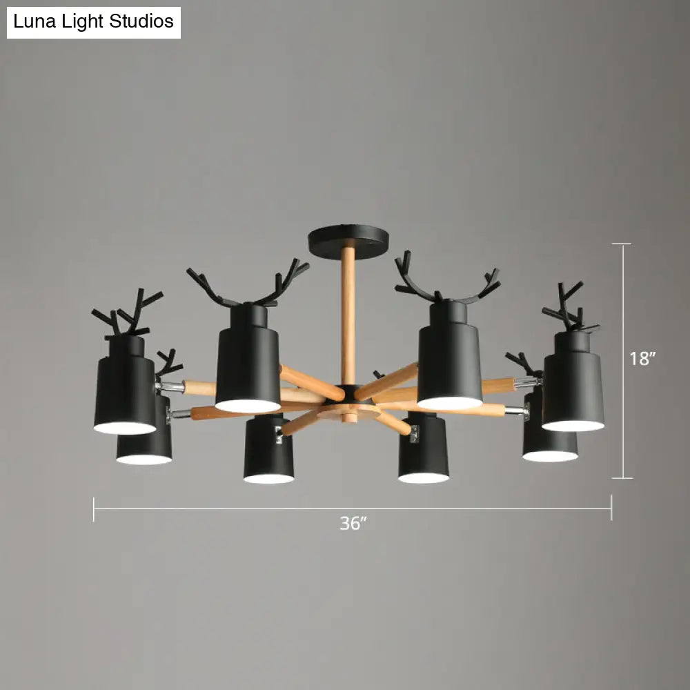 Adjustable Nordic Chandelier Light With Metal Antler Design Cylindrical Shade And Wooden Arm
