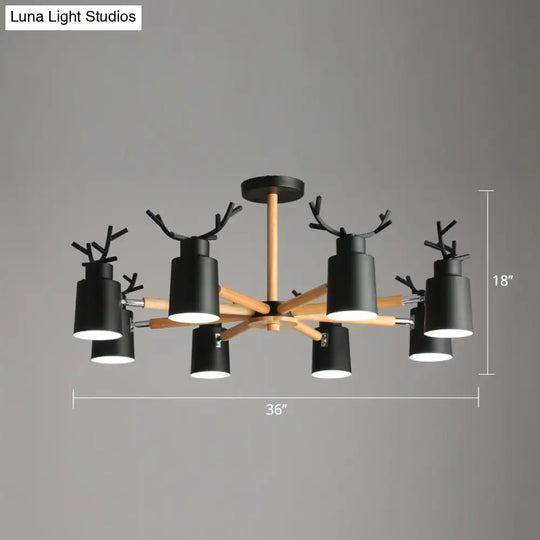 Adjustable Nordic Chandelier Light With Metal Antler Design Cylindrical Shade And Wooden Arm
