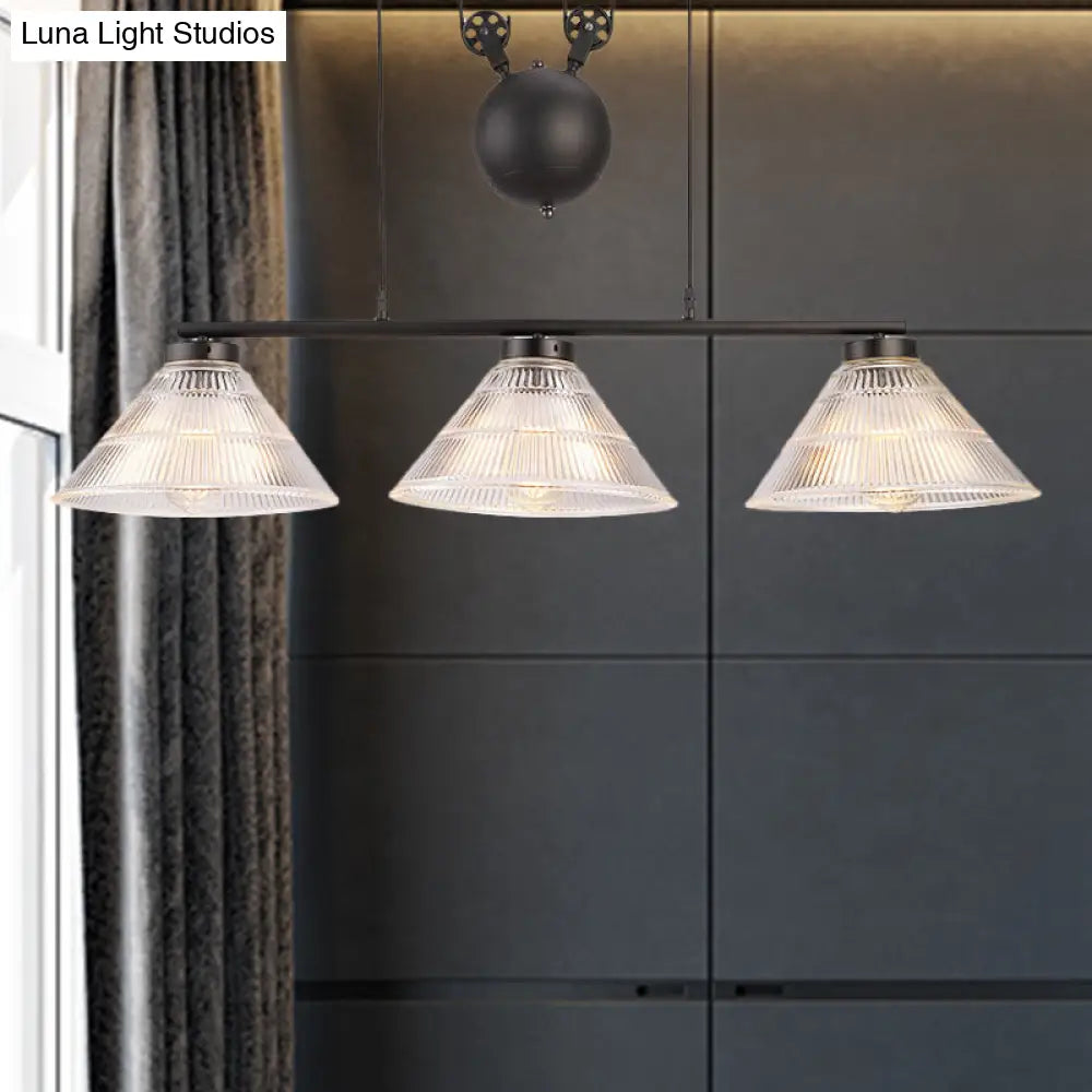 Adjustable Pulley Industrial Cone Pendant With Prismatic Glass - Black 2/3-Light Island Lamp