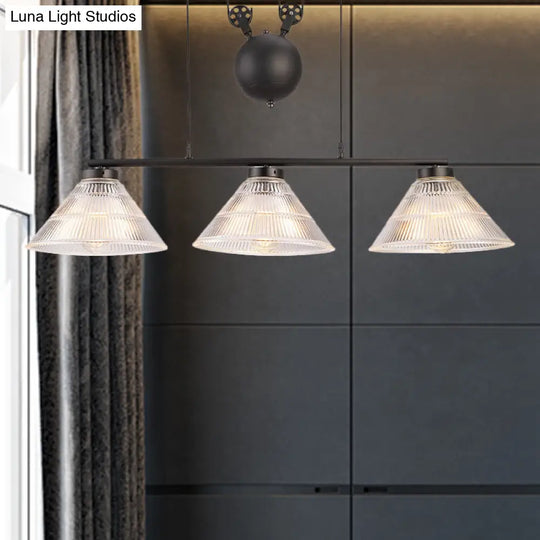 Adjustable Pulley Industrial Cone Pendant With Prismatic Glass - Black 2/3-Light Island Lamp