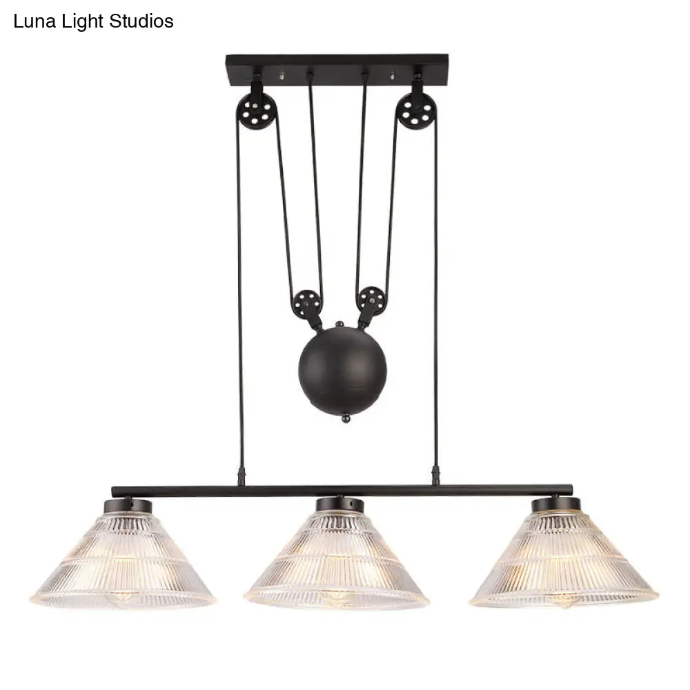 Adjustable Pulley Industrial Cone Pendant With Prismatic Glass - Black 2/3-Light Island Lamp
