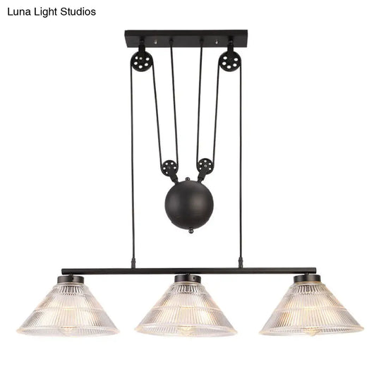 Adjustable Pulley Industrial Cone Pendant With Prismatic Glass - Black 2/3-Light Island Lamp