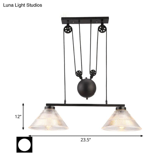 Adjustable Pulley Industrial Cone Pendant With Prismatic Glass - Black 2/3-Light Island Lamp