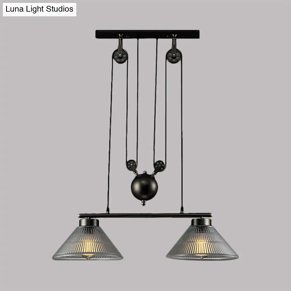 Adjustable Pulley Industrial Cone Pendant With Prismatic Glass - Black 2/3-Light Island Lamp