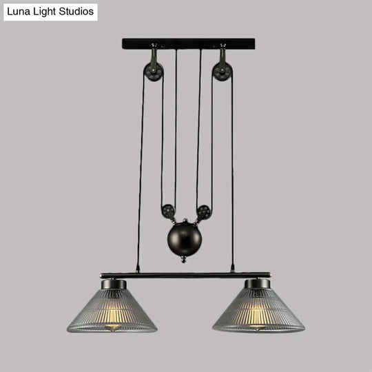 Adjustable Pulley Industrial Cone Pendant With Prismatic Glass - Black 2/3-Light Island Lamp