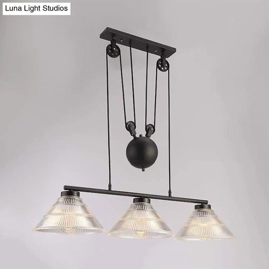 Adjustable Pulley Industrial Cone Pendant With Prismatic Glass - Black 2/3-Light Island Lamp