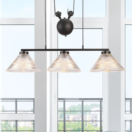 Adjustable Pulley Industrial Cone Pendant With Prismatic Glass - Black 2/3-Light Island Lamp 3 /