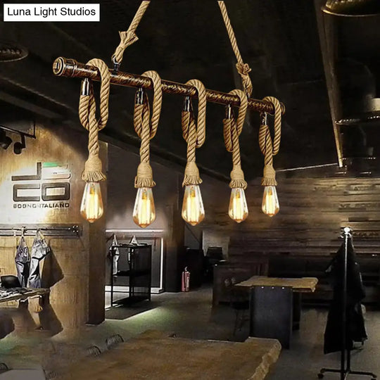 Adjustable Rope Exposed Island Light - Retro Industrial 5/6-Light Beige/Light Yellow 5 / Beige
