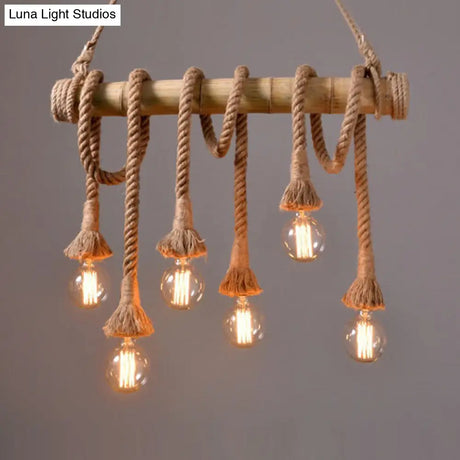 Adjustable Rope Island Light With Bulb In Beige - 3/4/6-Light Bamboo Pendant