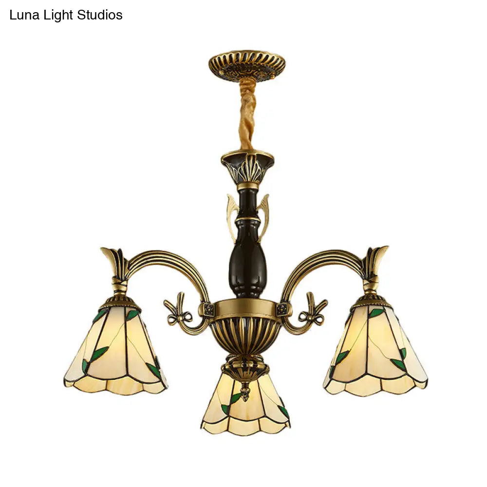 Adjustable 3-Light Rustic Chandelier: Beige Glass Cone Shades For Dining Room